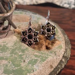 Black and silver lever back flower earrings BOGO